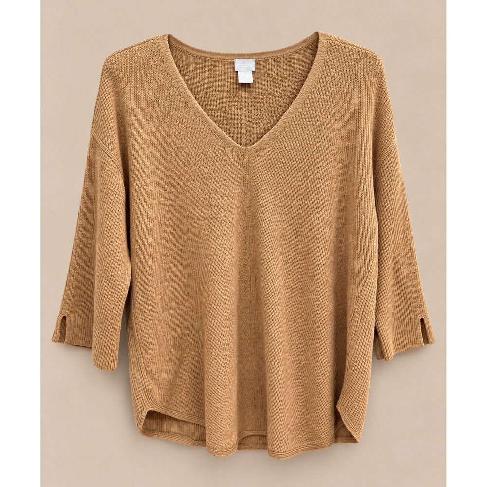 Chico's Womens Sweater 3 /XL Tan Ribbed V-Neck 3/4 Sleeve Side Slit Curved Hem